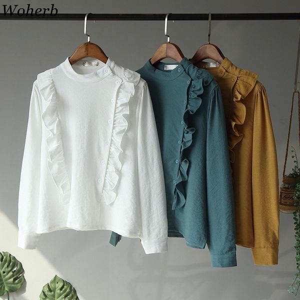 

woherb stand color solid blouse women sweet ruffle shirt womens and blouses 2020 spring summer long sleeve blusas vintage, White