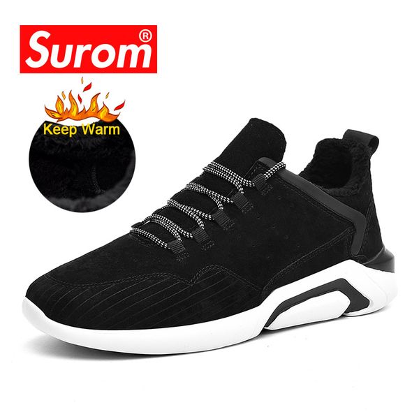 

surom brand quality pig leather winter casual shoes men outdoor keep warm fashion sneakers man soft comfort low male shoes adult, Black