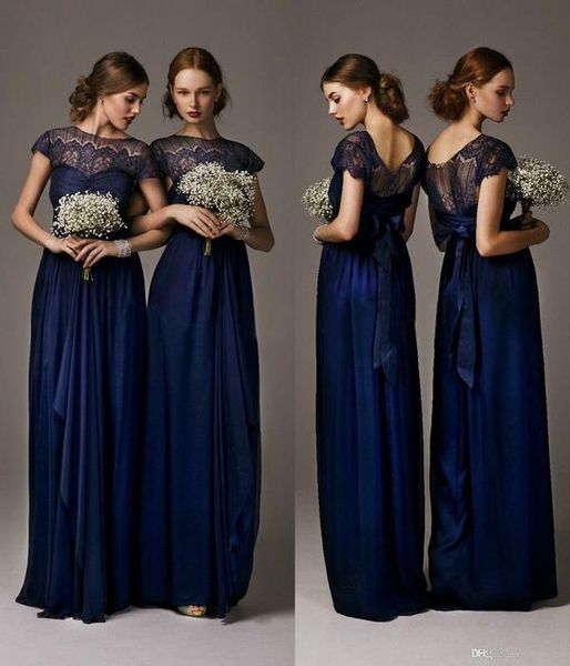 Bella colonna di design 2019 Nuovi abiti da sera Girocollo Manica ad aletta Navy Lunghezza pavimento Lungo chiffon Pizzo Abiti da festa formale Custom Made 536