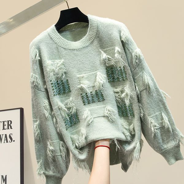 

fashion beaded fringed sweater women o-neck long sleeve loose pullover knit shirts female sweaters fall winter knitwear feminino, White;black