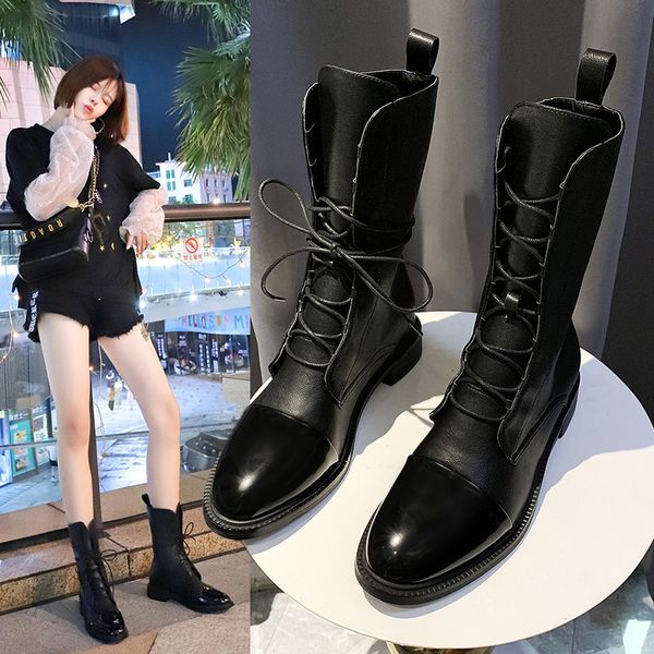

short boots woman wind single thin locomotive boots leather middle, Black