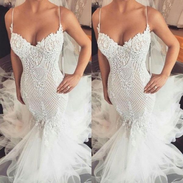 

gorgeous lace tulle wedding dresses 2019 sweetheart spaghetti mermaid sweep train bridal gowns wedding dress custom made, White
