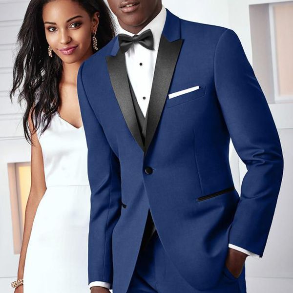 

royal blue wedding groomsmen tuxedos for groom man wear black peaked lapel 3 piece business prom men suits jacket pants vest, White;black
