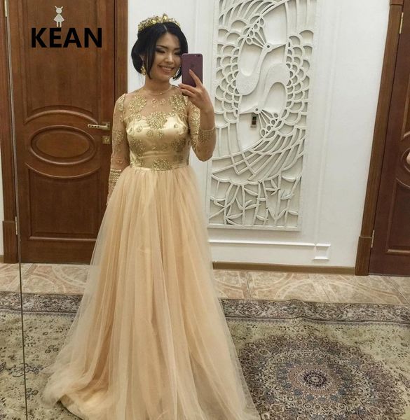 

gold evening dress scoop full sleeve appliques vestidos islamic dubai kaftan saudi arabic evening gold prom dress custom made, White;black