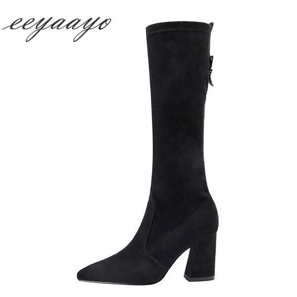 

2019 new winter women knee-high boots high square heel pointed toe solid ladies women shoes black female warm high boots