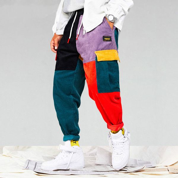 

men corduroy patchwork cargo pants harem joggers sweatpants pockets drawstring harajuku hip hop streetwear trousers, Black