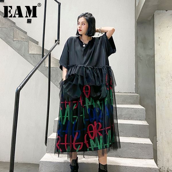

eam] women black letter mesh split big size long dress new round neck half sleeve loose fit fashion spring summer 2020 1t842, Black;gray