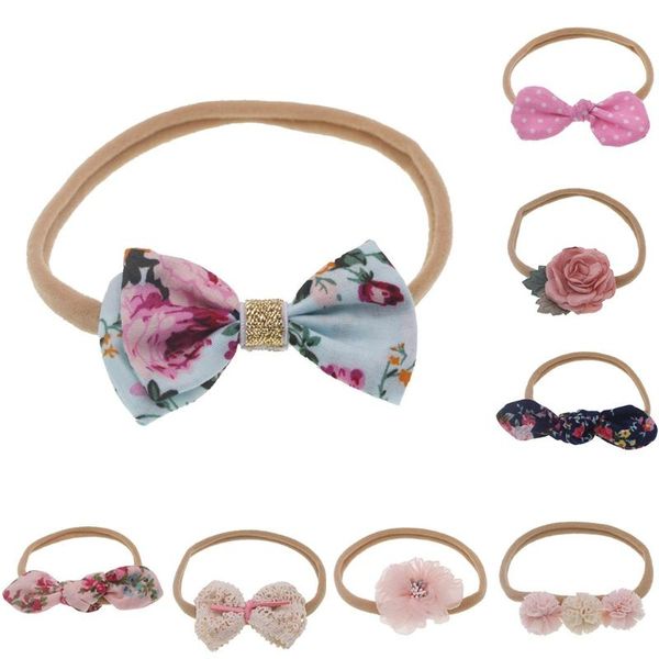 

2019 new fashion children's fabric floral bow soft nylon hair band, Slivery;white