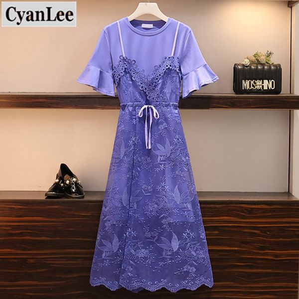 

plus size 2020 summer new fashion women 's two-piece set mesh lace embroidery suspender +long t-shirt party ladys sets 4xl, White