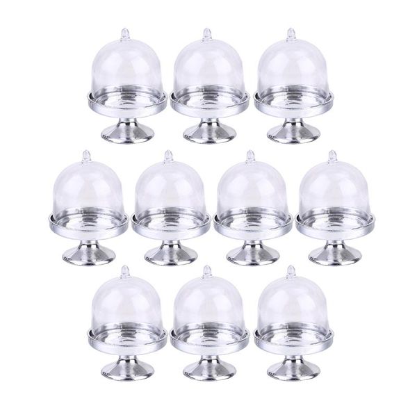 

10 sets cake display goblet holder portable plastic cakes cup dessert mini stand with transparent dome and silver bottom plate
