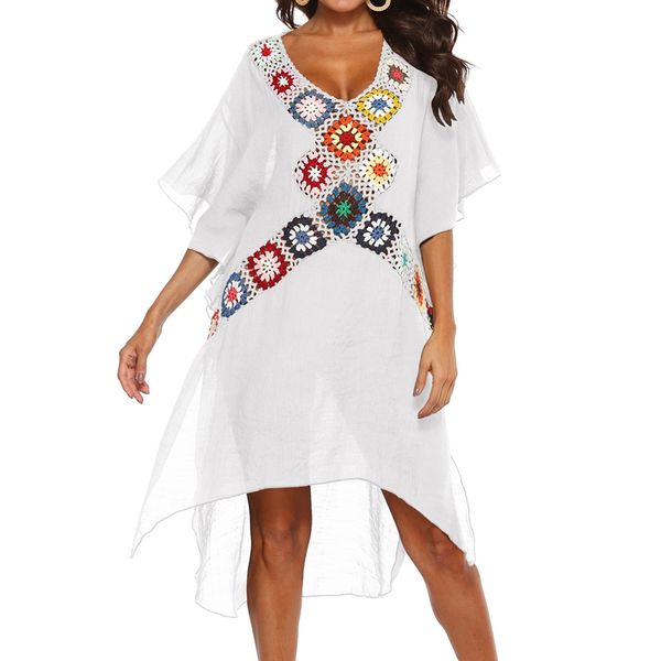 

v-hand hook stitching beach blouse irregular split dress, Black;gray