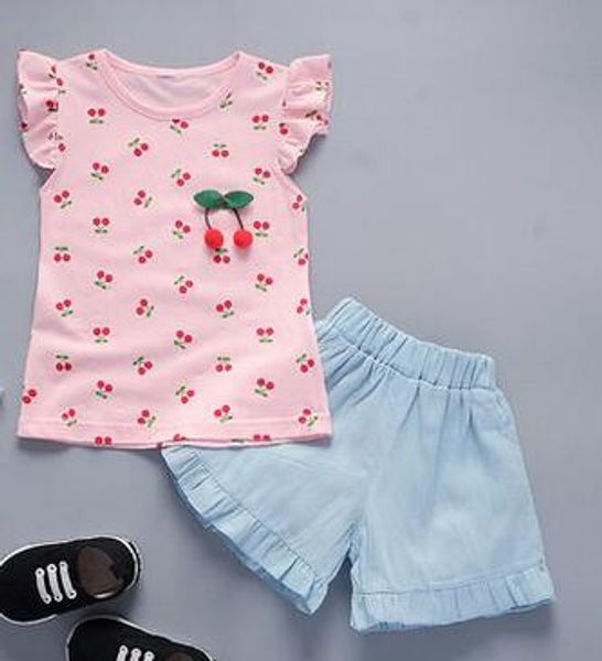 

2019 new summer style children cherry fruit pattern short sleeved shorts two-piece suit fashion girl thin section cotton wear, White