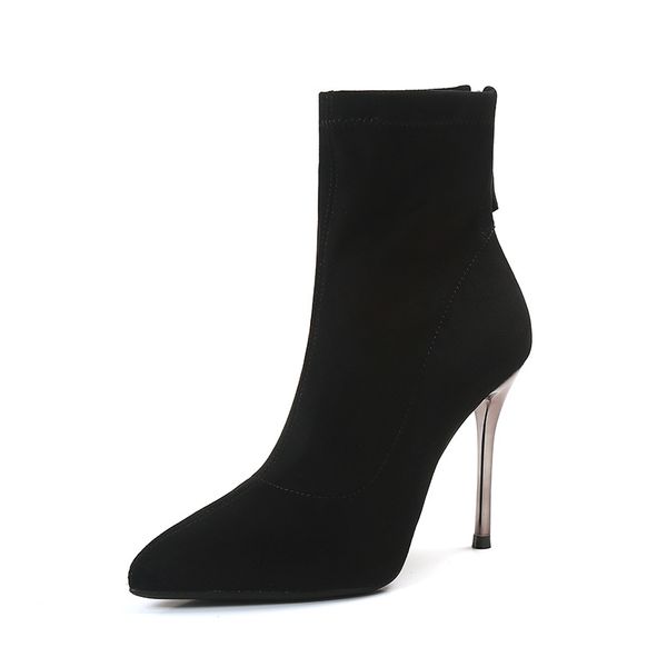 

new style high heel pointed elasticity thin boots versatile women's boots, Black