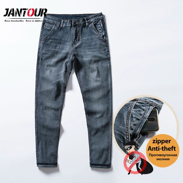 

men's jeans jantour spring summer brand straight elastic anti-theft zipper denim pants male big size 28-40, Blue