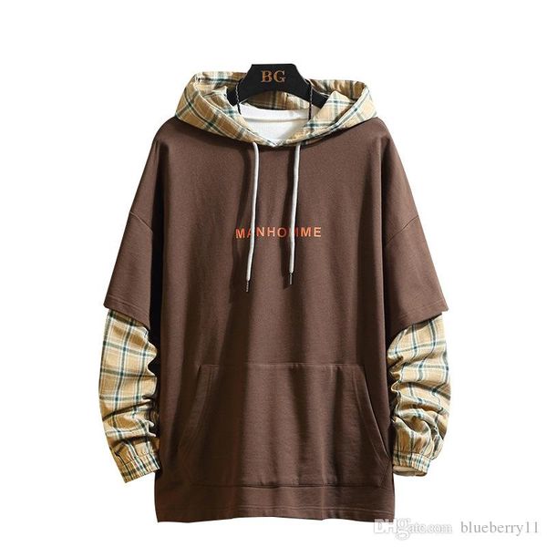 

fake two pieces lattice man hoodies large sizes printed men's sweatshirts blue brown m-5xl men hooded sweatshirts, Black