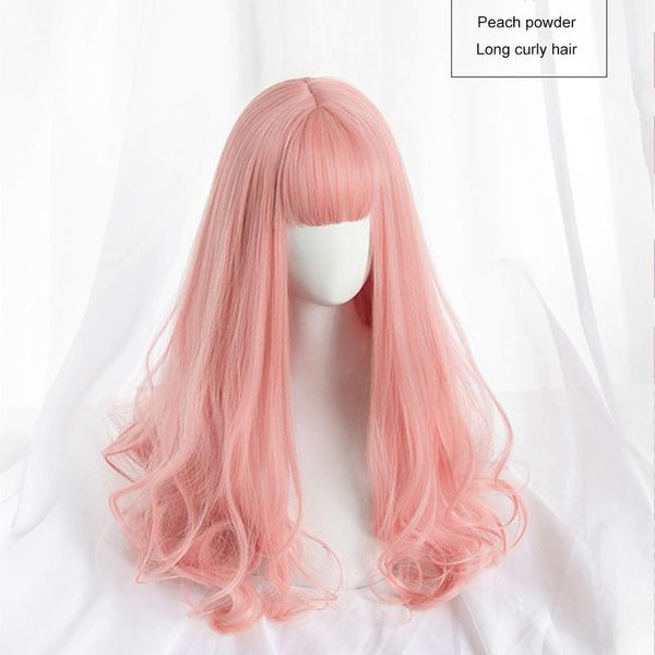 Parrucche sintetiche rosa con frangia Capelli lunghi da donna Ricci Parte centrale Lolita Discendenti Pastello naturale Spedizione gratuita