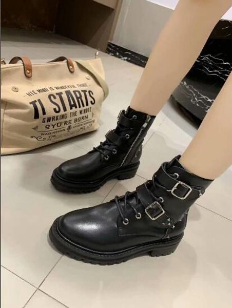 

new super lady's martin boots with metal riveting style double row belt buckles upper upper layer imported sheepskin inner lining, Black