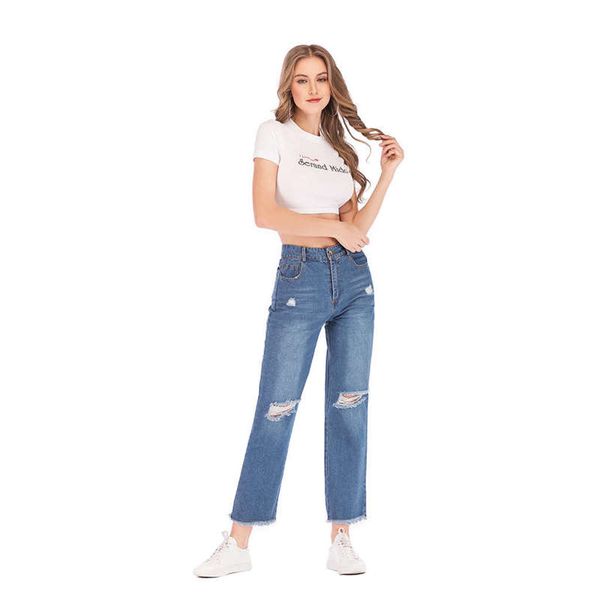 

new girl easy to show slim jeans ripped jeans fashion nine-point straight denim loose casual cowboy pants, Blue