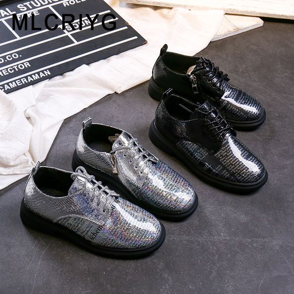 

new 2019 autumn kids pu leather shoes children black school shoes baby girls brand boys party oxford glitter soft platform, Black;grey