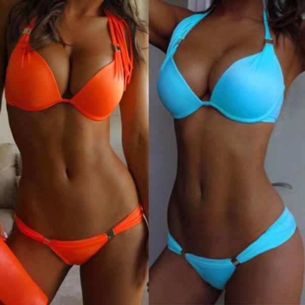 

womens 2pcs fashion swimwear padded bra thong bikini set ladies push up beach bathing swimsuit, Red;black