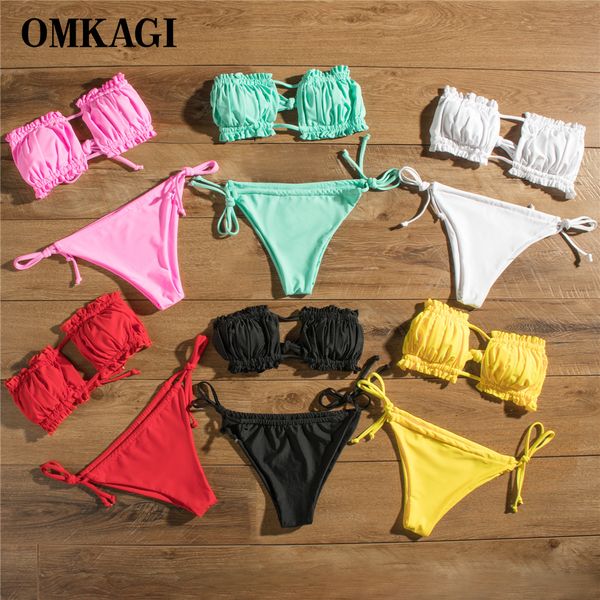 

omkagi бандо бикини 2020 swimsuit женщины купальники biquinis sexy push up плавание купальный костюм пляжная micro bikini set, White;black