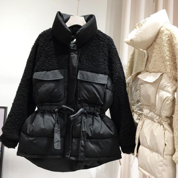 

patchwork winter casual turn-down collar long sleeve coat women high waist lamb wool parka solid female pink jacket, Black
