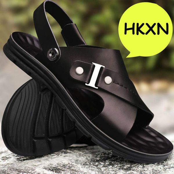 

hkxn 2020 summer men's sandals british fashion genuine leather beach shoes mens casual massage non-slip slippers flats t02, Black