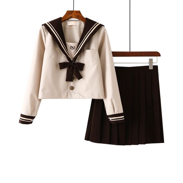 

sweet girl brown school uniform short long sleeved pleated skirt sailor suits novelty women student cosplay clothing, White