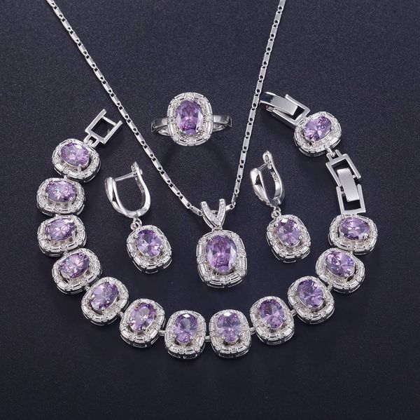 

ожерелье серьги кольцо браслет стерлингового серебра 925 ювелирные наборы фиолетовый циркон открытое кольцо t709 свадебные украшения, Silver
