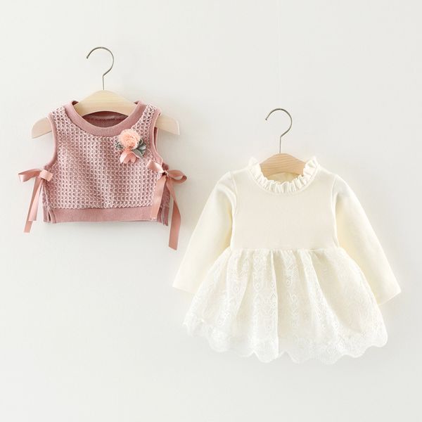 

autumn kids dress for girls long sleeve fake 2pc knitted dresses lace baby girls clothes toddler baby clothing dress outfit, Red;yellow