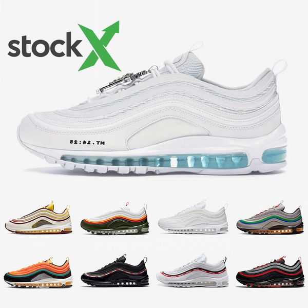 

stock x mschf x inri jesus 97 mens running shoes undefeated undftd bred triple white 97s black bullet men women sports sneakers 36-45