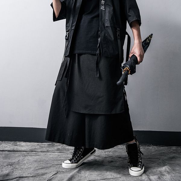 

mens designer yamamoto dark series wide leg loose hip-hop style straps cotton and linen nine-point skirt pants batch, Black