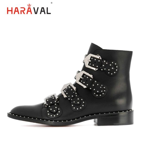 

haraval handmade oman winter motorcycle ankle boot quality genuine leather round toe low heel shoes classic rivet buckle boots, Black