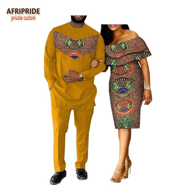 

2019 spring casual couple suit afripride men's full length long shirt+pants and butterfly sleeve knee-length women dress a18c001, Red