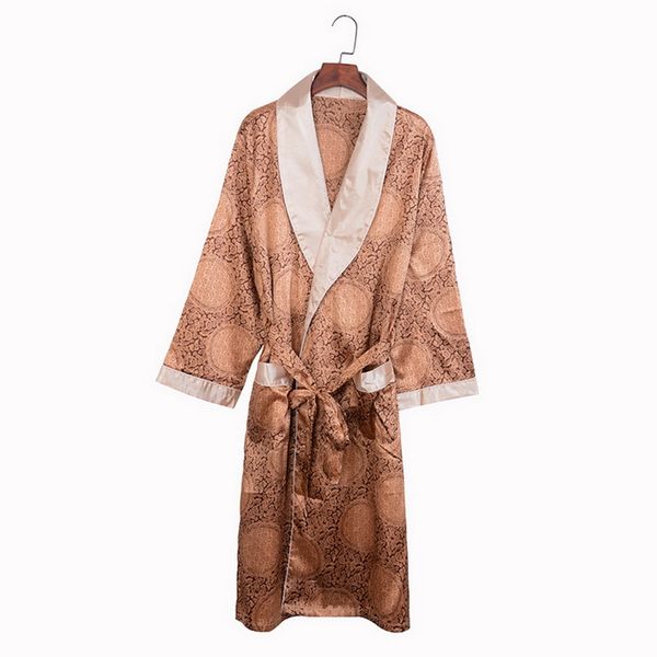 

mjartoria mens summer luxurious silk printed robes fashion long-sleeve thin nightgown soft satin comfortable pajamas, Black;brown