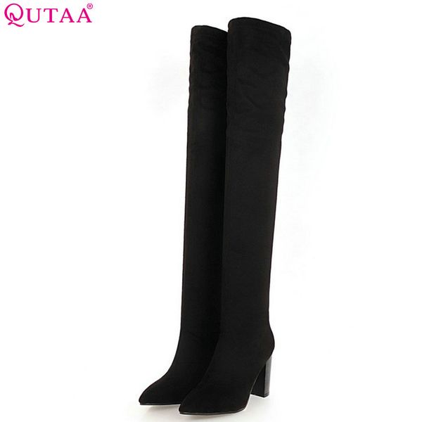 

qutaa 2020 women over the knee high boots square high heel all match flock winter shoes women motorcycle boots big size 34-43, Black