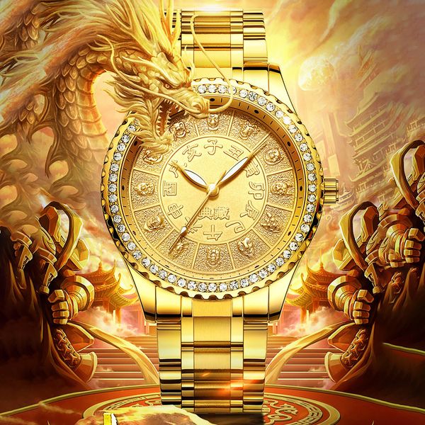 2019 Роскошный классические часы 12 Зодиак Водонепроницаемый Алмазные сталь Ремешок Часы кварцевые наручные часы Saat Мужчины Relogio Мужчина для