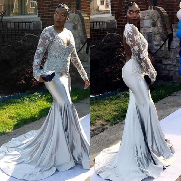 

gorgeous v-neck backless prom dresses mermaid black girl satin sweep train glamorous south african party gowns long formal dresses