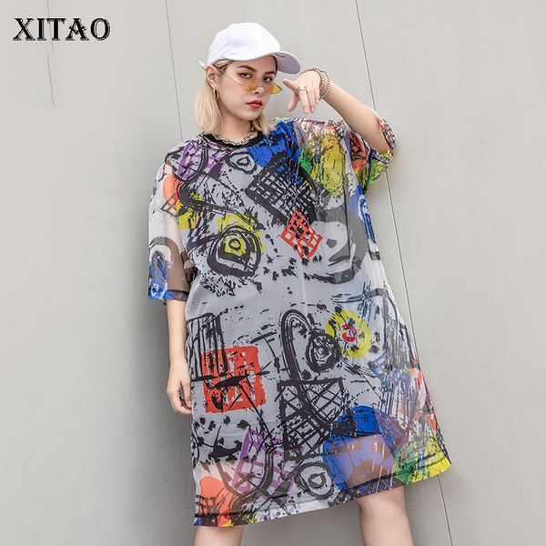 

xitao] women 2019 summer new fashion o-neck half sleeve loose dress female print pattern knee-length casual dress zq1525, Black;gray