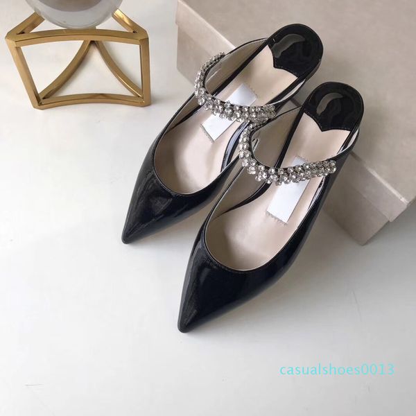 

high heel sandal women pointed crystal strap sandal patent leather mules women flat mules designer stiletto heel dress sandal with box c13, Black