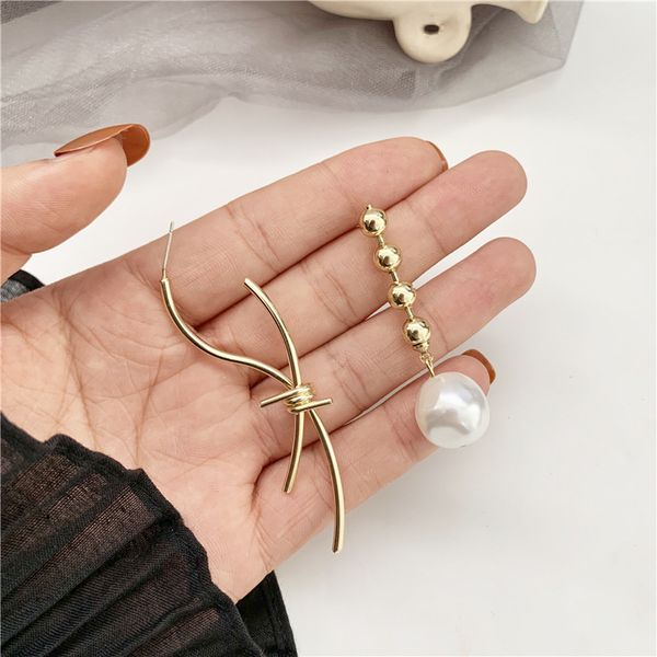 

925 sterling silver needle asymmetric metal geometric earrings hanging pearl chain long earrings woman gift jewelry