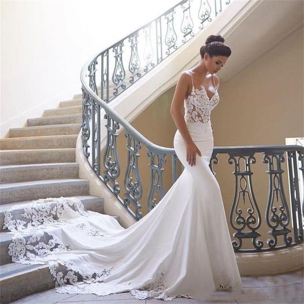 

spaghetti mermaid wedding dresses backless satin lace applique sweep train wedding bridal gowns vestidos de novia, White