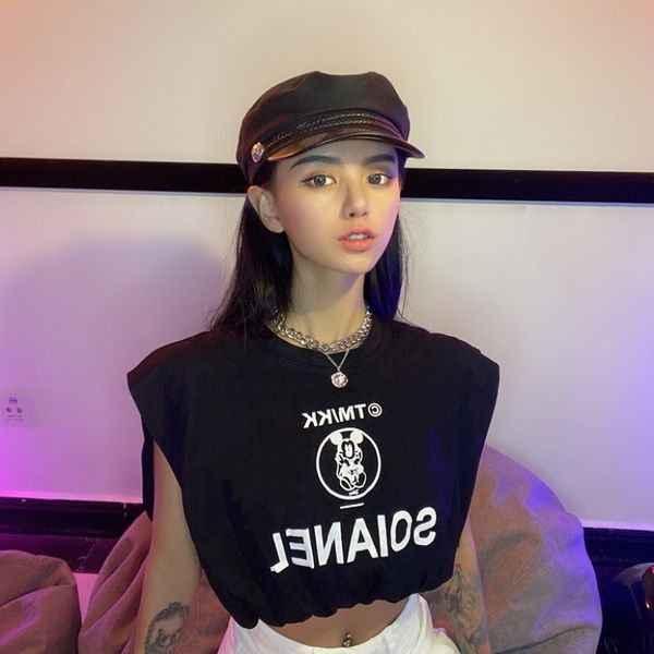 

she loose fake two-pieceletter printed jacket short jacket sleeveless vest versatile short women's summer, White