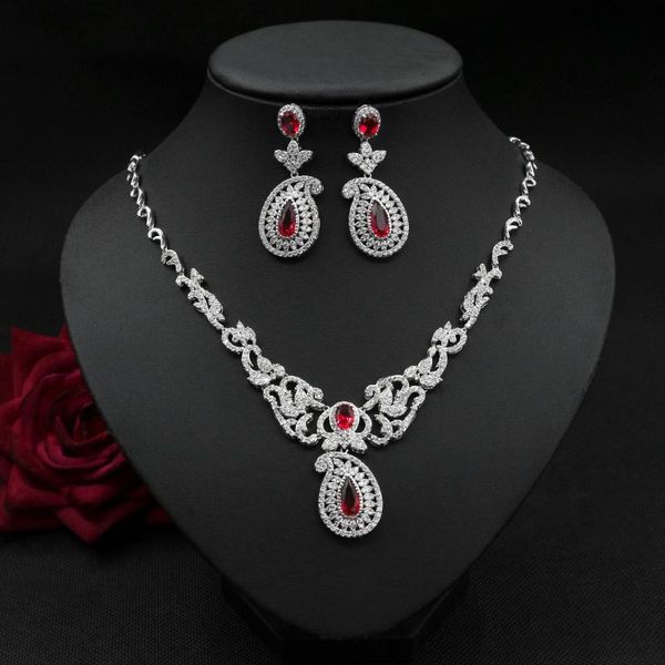 

2020 style cubic zirconia red flower earrings necklace bridal wedding jewelry sets, Silver