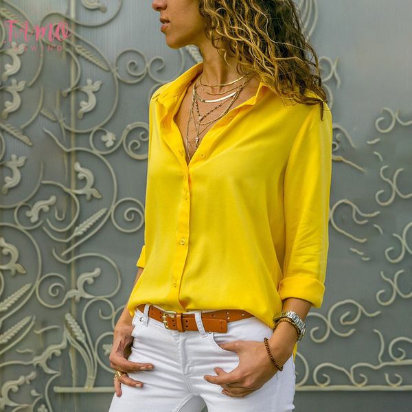 

women blouses 2020 chiffon solid blouse shirt summer office turn down long sleeve collar women yellow blusas shirts, White