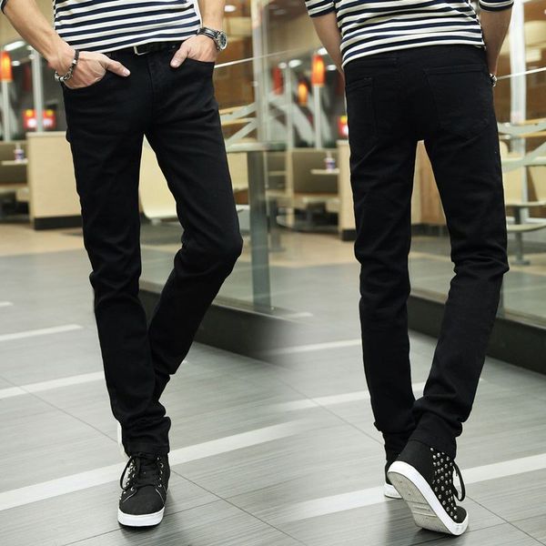 

elasticity man jeans male leisure black tide black bound feet pants soild color zipper slim fit joggers, Blue