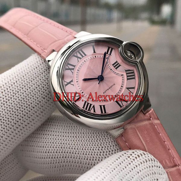 

woman designer luxury watches car ballon lady fashion import mechanical automatic watch 33mm 316l stainless steel case pink leather strap, Slivery;brown