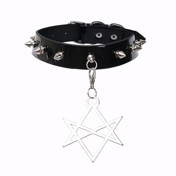 

girls women punk rivets turques collar necklace alloy pentagram pendant pu leather choker harajuku chic necklaces adjustable, Silver