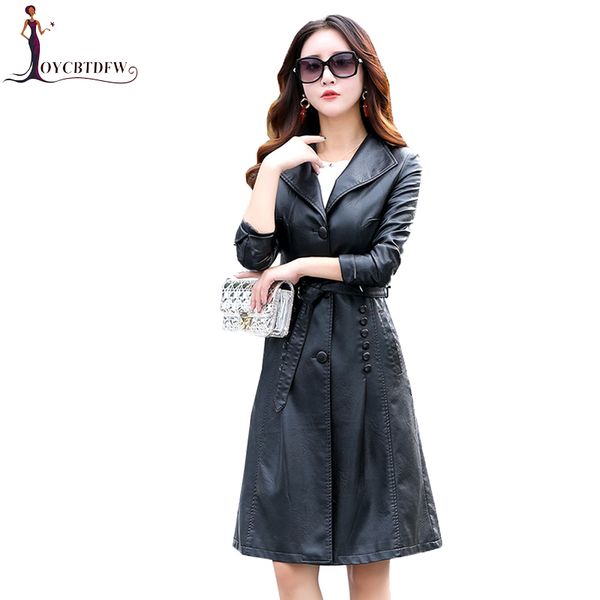 

2018 spring autumn women leather jacket fashion high-end genuine leather coats x-long belted slim trench coats xy234, Black