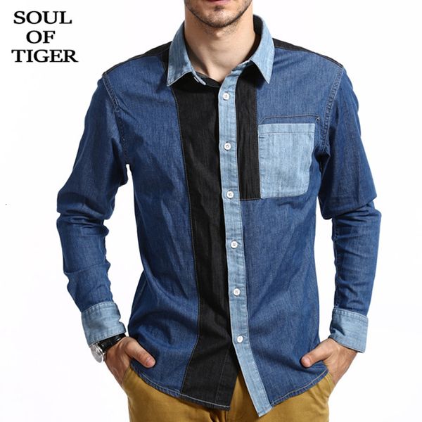 

soul of tiger 2019 korean fashion men long sleeve denim shirt male vintage patchwork new autumn casual streetwear plus size, White;black